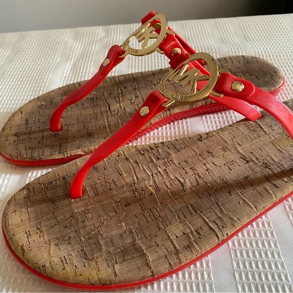 Michael Kors Cork Sandals Charm Jelly MK Gold Logo - Picture 12 of 13